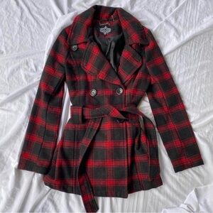 Jou Jou Red & Black Plaid Double-Breasted Pea Coat with Belt